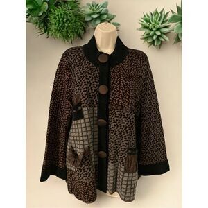 Z Brand Womens Wool Multi Print Snap Button Sweater Size Large Brown Black